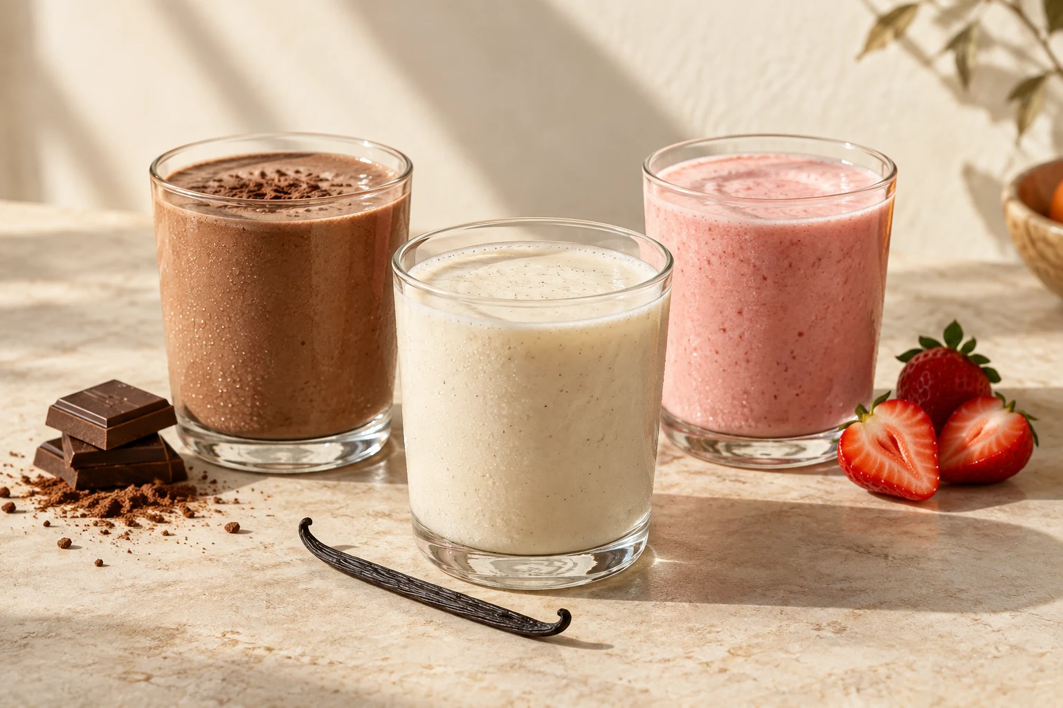 Vanilla, chocolate and strawberry shakes with flavour ingredients, serving suggestion